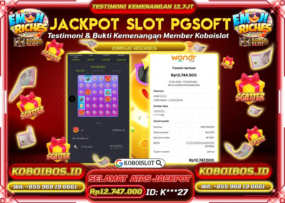 BUKTI KEMENANGAN SLOT GACOR EMOJI RICHES Rp12.747.000,- LUNAS