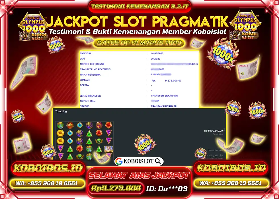 BUKTI KEMENANGAN SLOT GACOR GATES OF OLYMPUS 1000 Rp9.273.000,- LUNAS