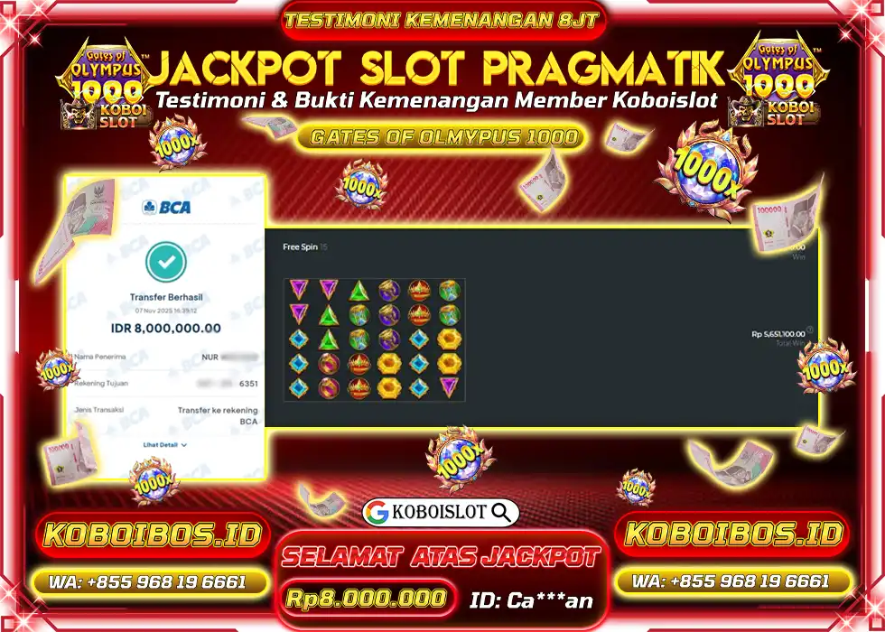 BUKTI KEMENANGAN Ca*** SLOT GACOR GATES OF OLYMPUS 1000 Rp8.000.000,- LUNAS