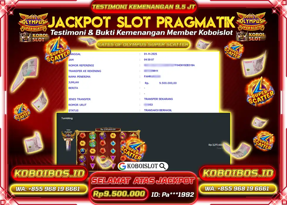 BUKTI KEMENANGAN Pa*** SLOT GACOR GATES OF OLYMPUS SUPER SCATTER Rp9.500.000,- LUNAS