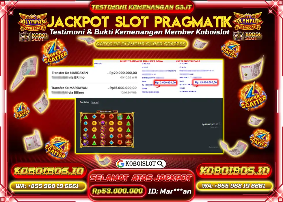 BUKTI KEMENANGAN SLOT GACOR GATES OF OLYMPUS SUPER SCATTER KOBOISLOT Rp53.000.000,- LUNAS