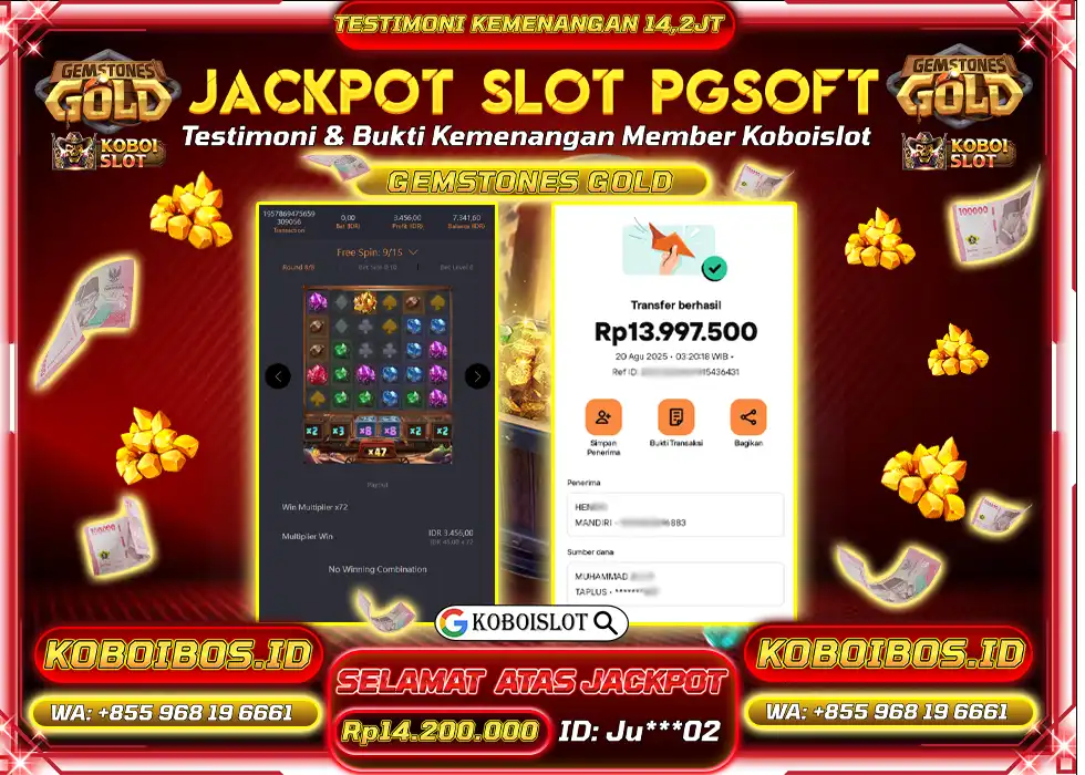 BUKTI KEMENANGAN Ju*** SLOT GACOR GEMSTONES GOLD Rp14.200.000,- LUNAS