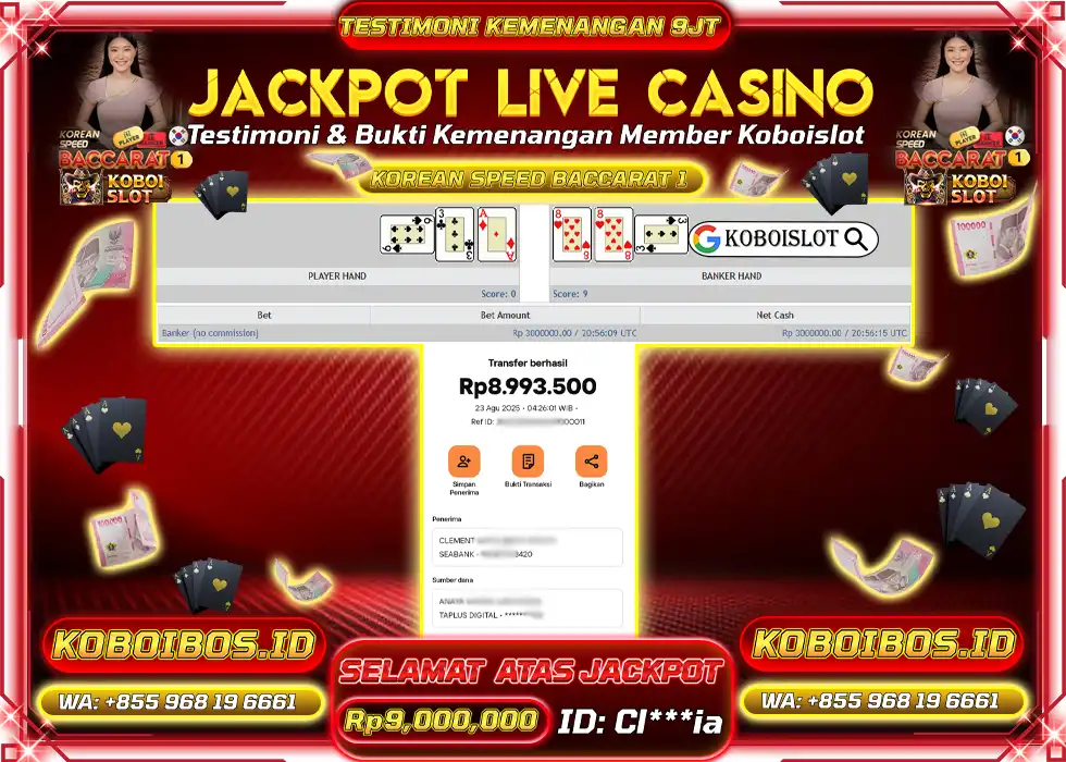 BUKTI KEMENANGAN LIVE CASINO KOREAN SPEED BACCARAT 1 Rp9.000.000,- LUNAS