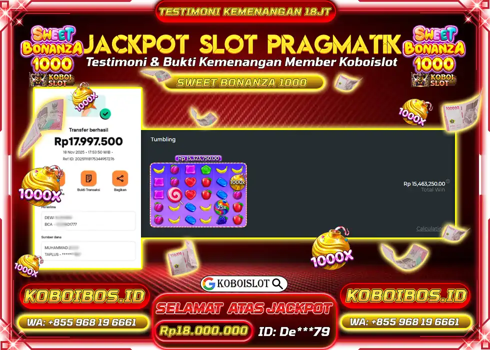 BUKTI KEMENANGAN SLOT SWEET BONANZA 1000 Rp18.000.000,- LUNAS