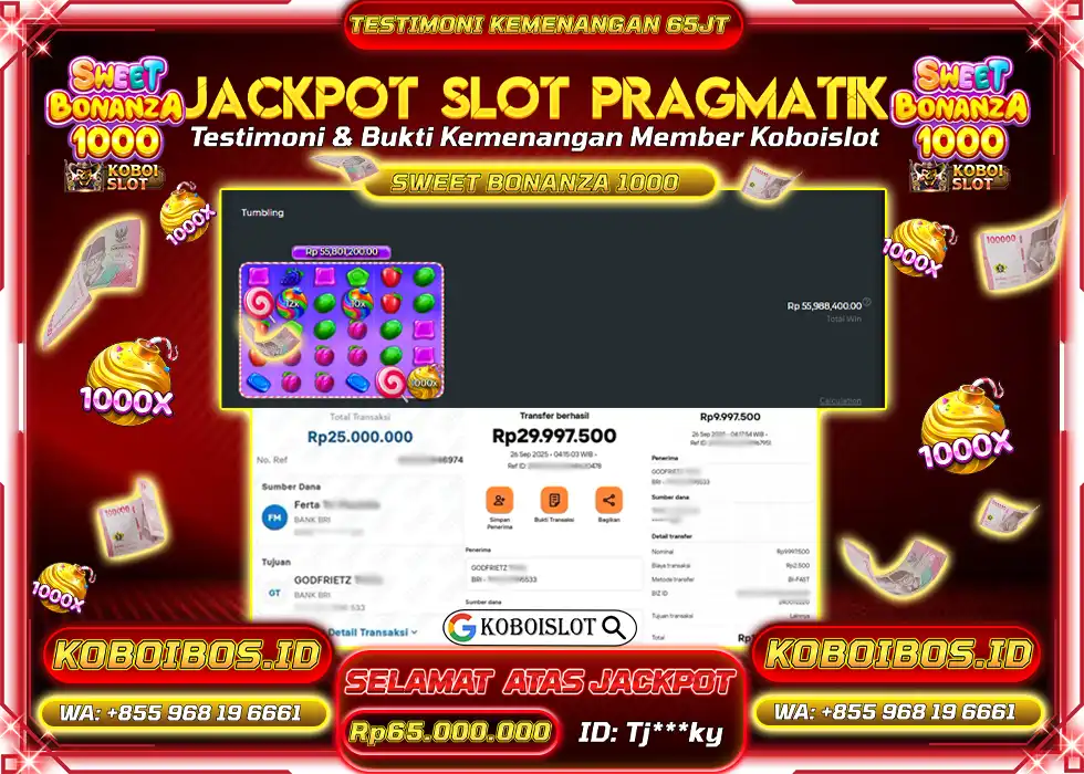 BUKTI KEMENANGAN SLOT GACOR SWEET BONANZA 1000 Rp65.000.000,- LUNAS