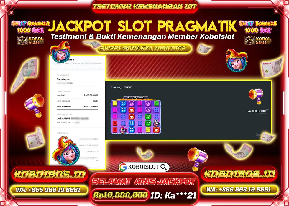 BUKTI KEMENANGAN SLOT GACOR SWEET BONANZA 1000 DICE Rp10.000.000,- LUNAS
